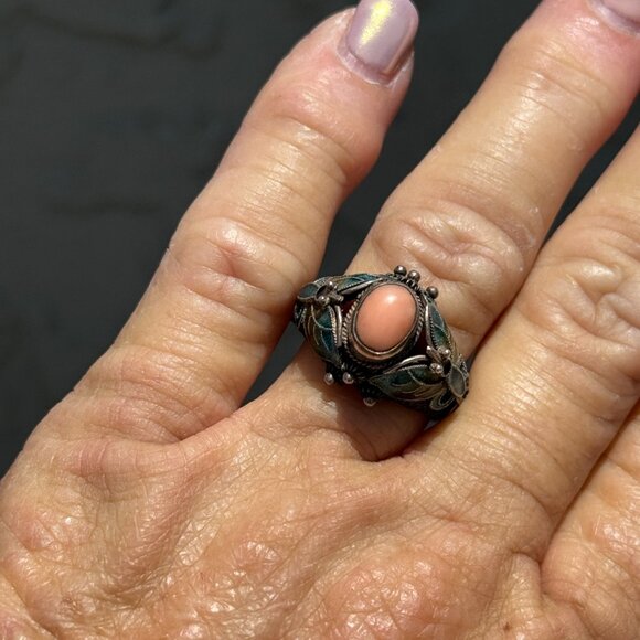Vintage Sterling Silver Chinese Export Coral Cloisonné Ring 9 - Picture 8 of 10